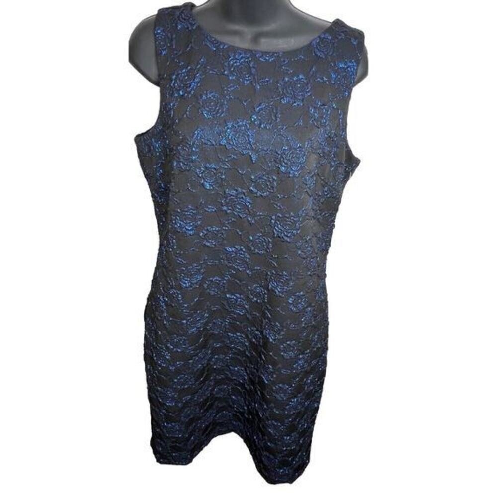 NWT Donna Ricco Women’s Metallic Jacquard Sheath Dress Black Cobalt Size 12